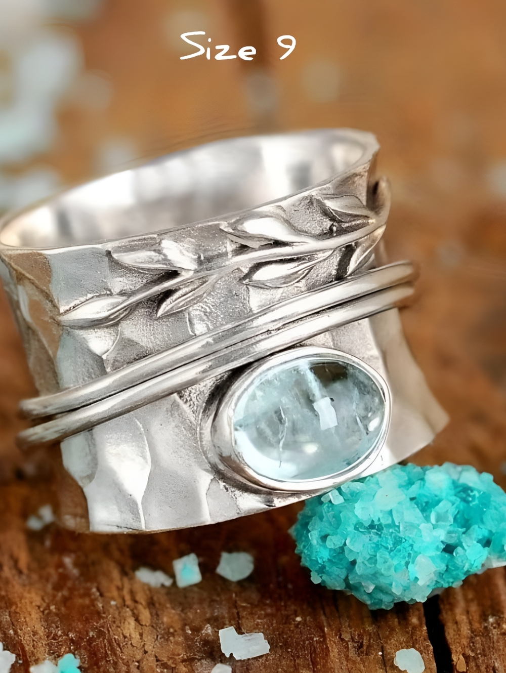 Hammered Silver Aquamarine band ring, Sz. 9
